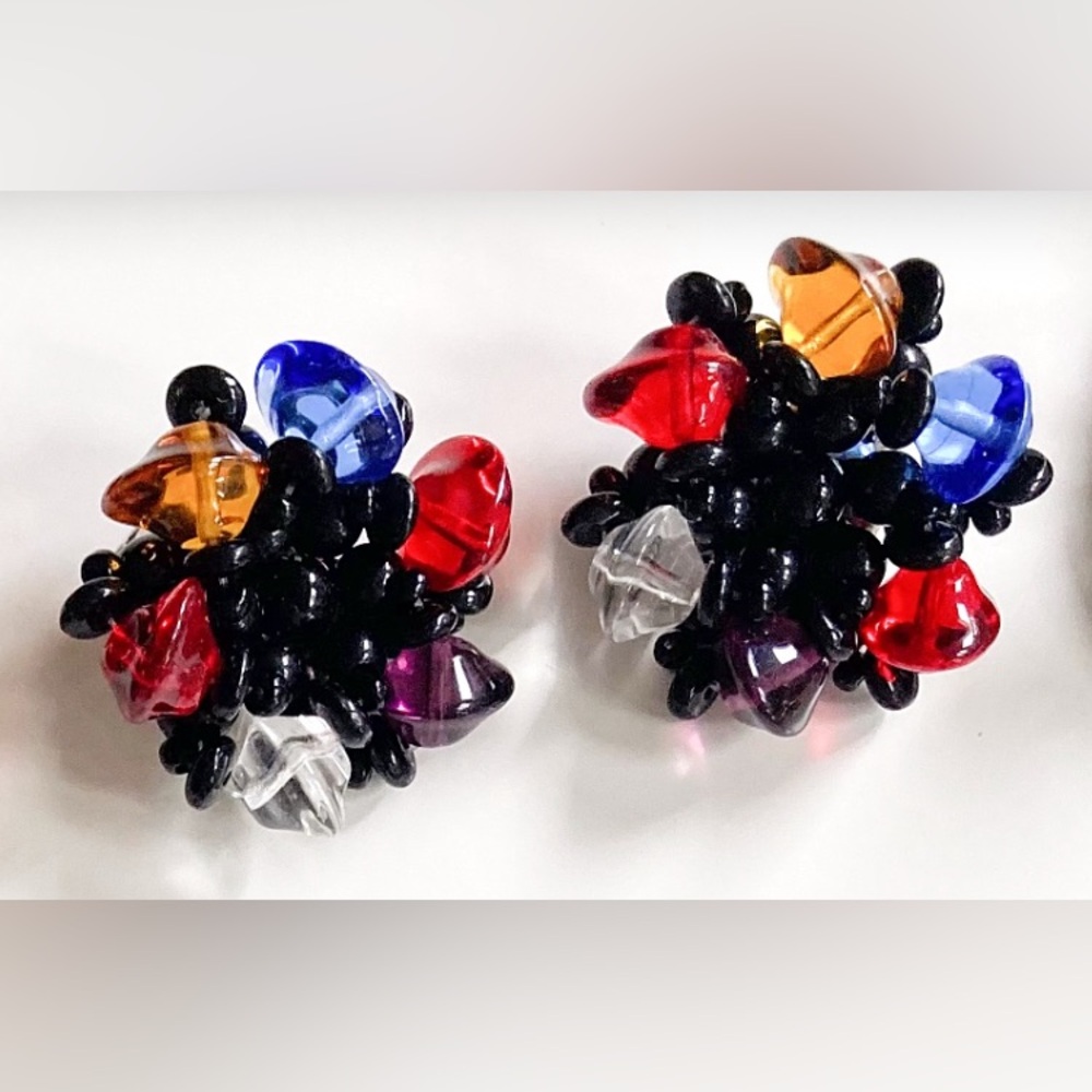 Vintage Czech Glass Beaded Flower Cluster Colourful Clip-On Earrings 1960s